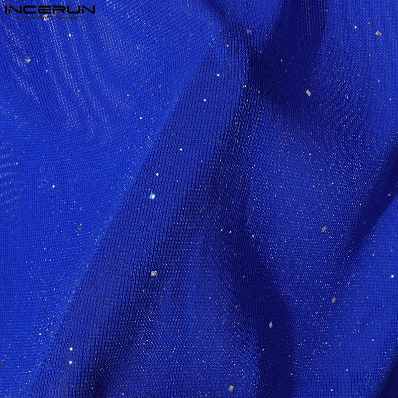 INCERUN Men Mockneck Long Sleeve Mesh Sheer Gloves Tops Slim Glitter Undershirts
