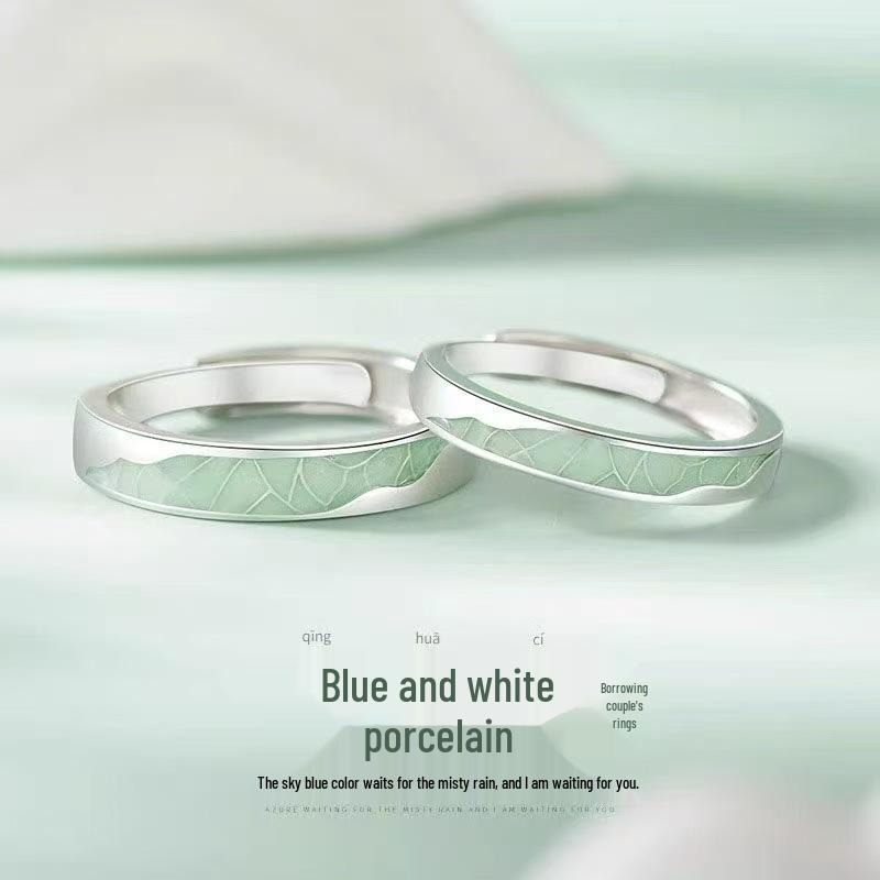 

Sterling Silver 999 Blue & White Porcelain Couple s Matching Open Rings - Elegant Gift for Girlfriend Adjustable Open Ring