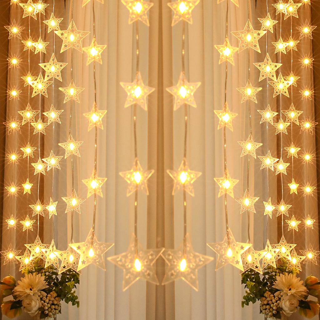 USB Christmas Star LED String Lights 5-Point Star Fairy Lights Wire Curtain Wall Hanging Decor for Room Bedroom Party Waterproof Warm White