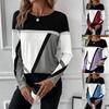 T-shirt décontracté à col rond et manches longues pour femme, imprimé géométrique, bloc de couleurs
