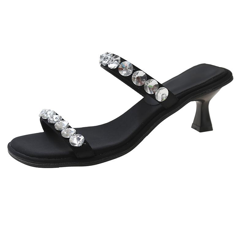 Fine-heeled rhinestone cool slippers for women's summer wear 2025 new square-toed high-heeled non-slip sandals for women