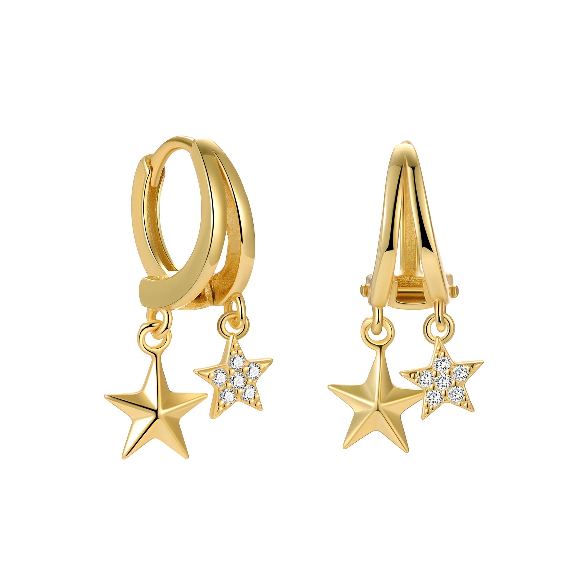 Double Star Earrings 925 Sterling Silver Hollow Star Dangle Hoops CZ Pendant Drop Huggies for Women Fine Jewelry
