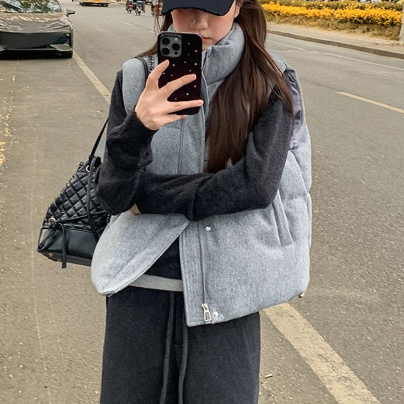 Short Down Cotton Vest Women Autumn Winter New Korean Fashion Sleeveless Stand Collar Zipper Vest Jacket Black Gray Waistcoat
