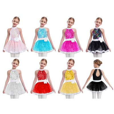 Girls Shiny Sequins Layered Tulle Ballet Dance Dress Sleeveless Cutout Back Tutu Dress Built In Briefs Performance Gown