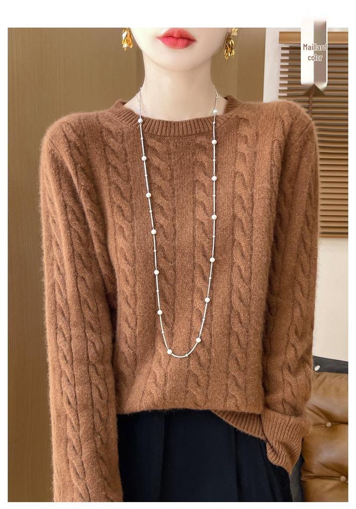 2024 Autumn/Winter Women's Cable Knit Wool Sweater – Thick, Versatile, Seven-Needle Round Neck Base Layer Fashion.