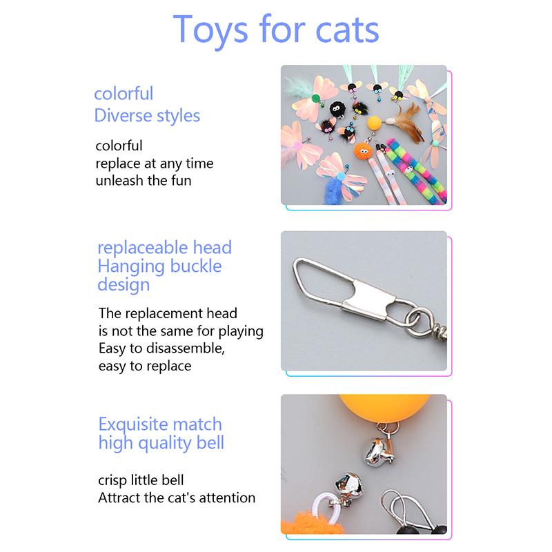 Cat Stick Feather Toys Indoor Cats Pet Toys Feather Replacement Head Cat Sequins Feather Teaser Cat Bell Balls Fuzzy Ball Toys