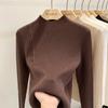 Ladies Autumn Winter Long Sleeve High Collar Slim Fit Basic Button Solid Color Pullover Knitted T Shirt Top for Layering