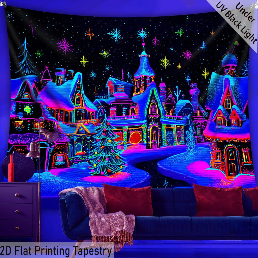 Christmas Dreamy Snow Fluorescent Tapestry Outer Space Polyster UV BlackLight Tapestry, Wall Hanging For Living Room Bedroom Office Home Decor