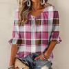 Women's Fashion Round Neck Tie-Front Check Print Blouse with Ruffle Hem and Three-Quarter Sleeves