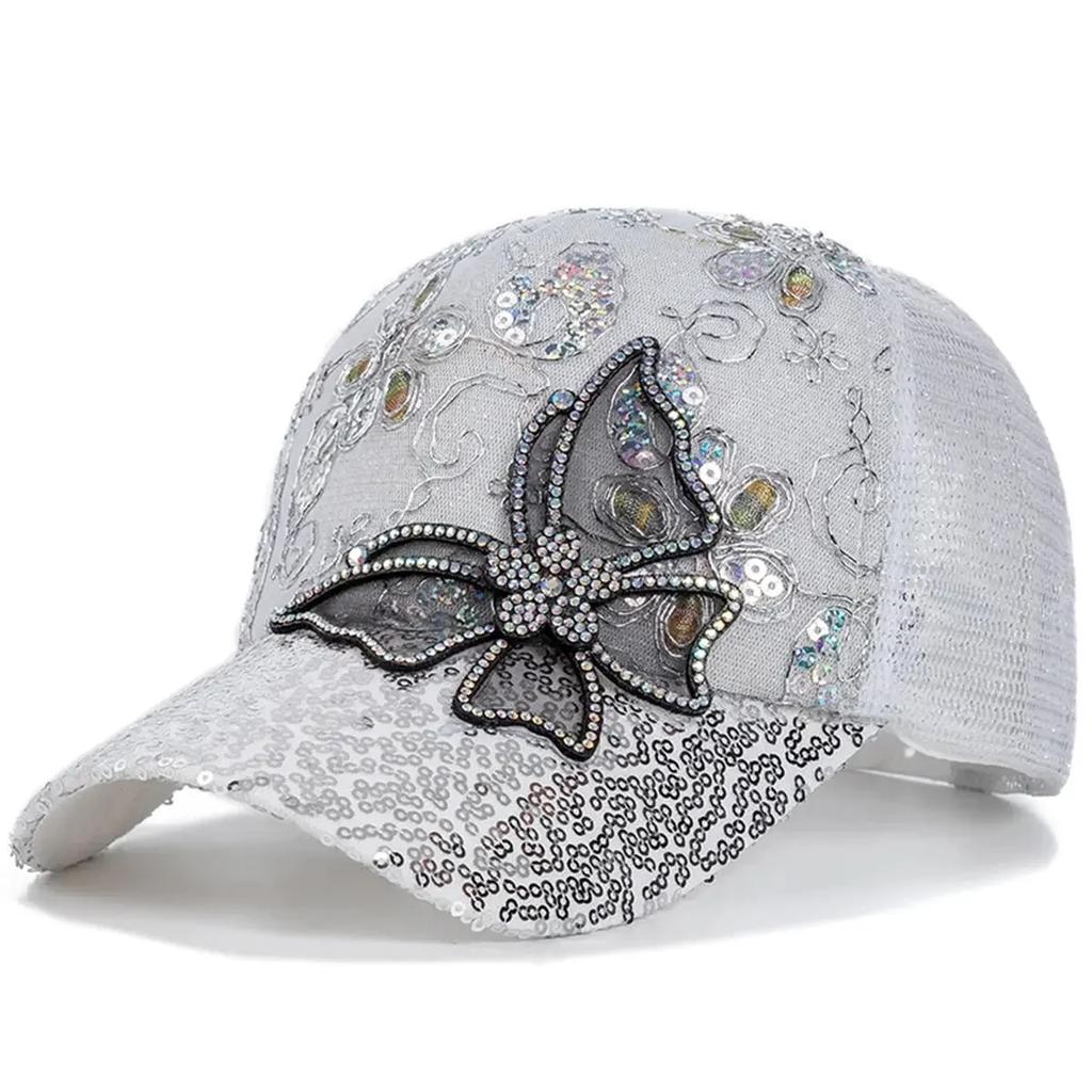 Bonés de Rede de Basebol com Renda de Borboleta e Glitter Unissexo para Primavera e Verão Chapéus Casuais Ajustáveis para Exterior Chapéu de Proteção Solar