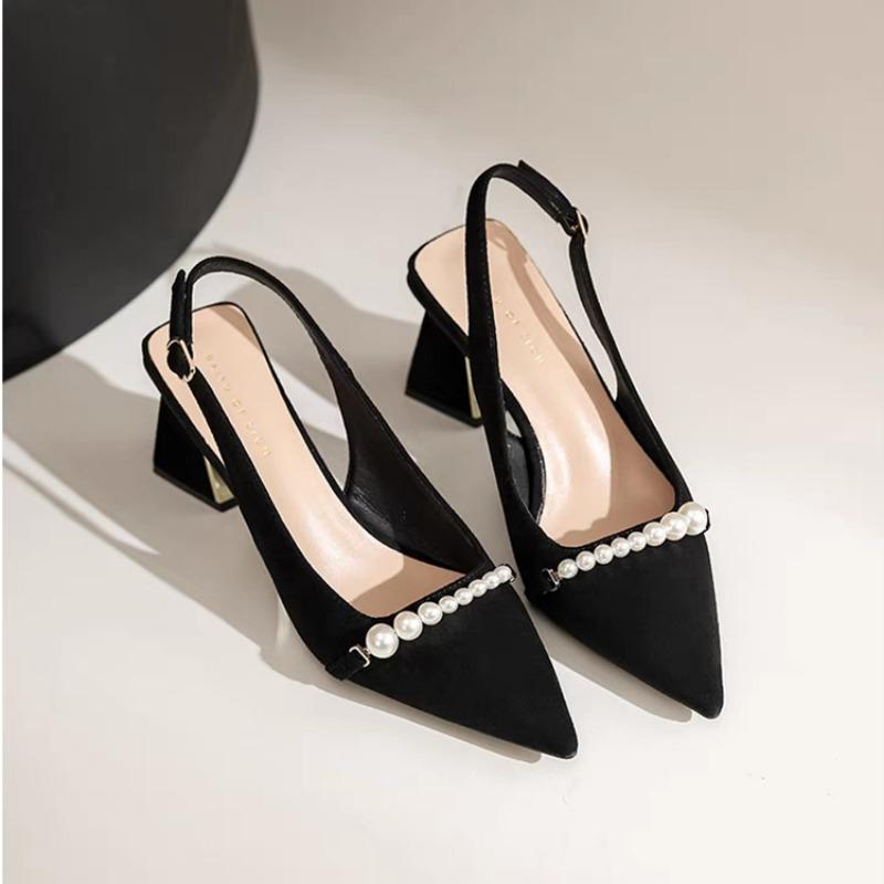 Fashion Women's Fashion Baotou Sandals Summer New Pointed Head Shallow Mouth Bead Suede Anti-slip Wear-resistant Thick Heels