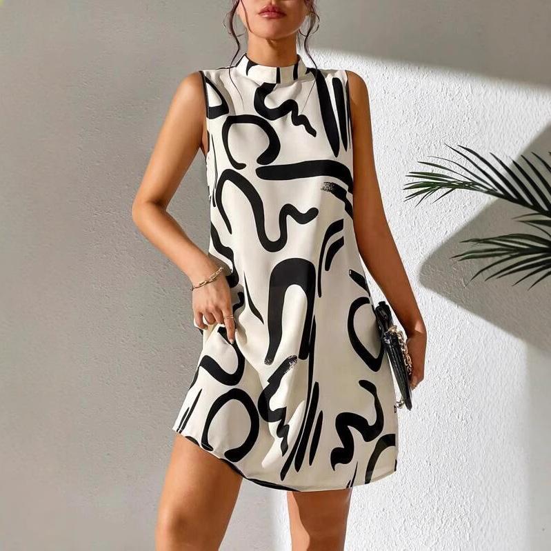 Women's summer European and American printed stand-up collar dress