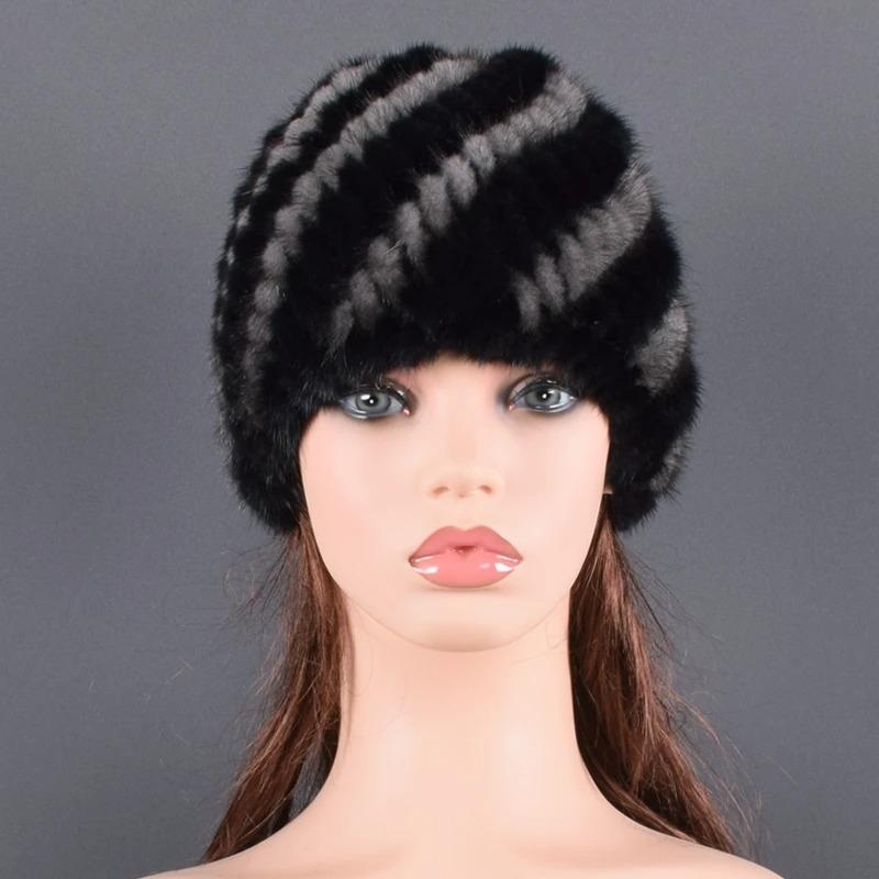 Real Natural Mink Hats for Women Winter Knitting Ear Warm Two-color Match Cap Cross-weave With New Fashion fur hat