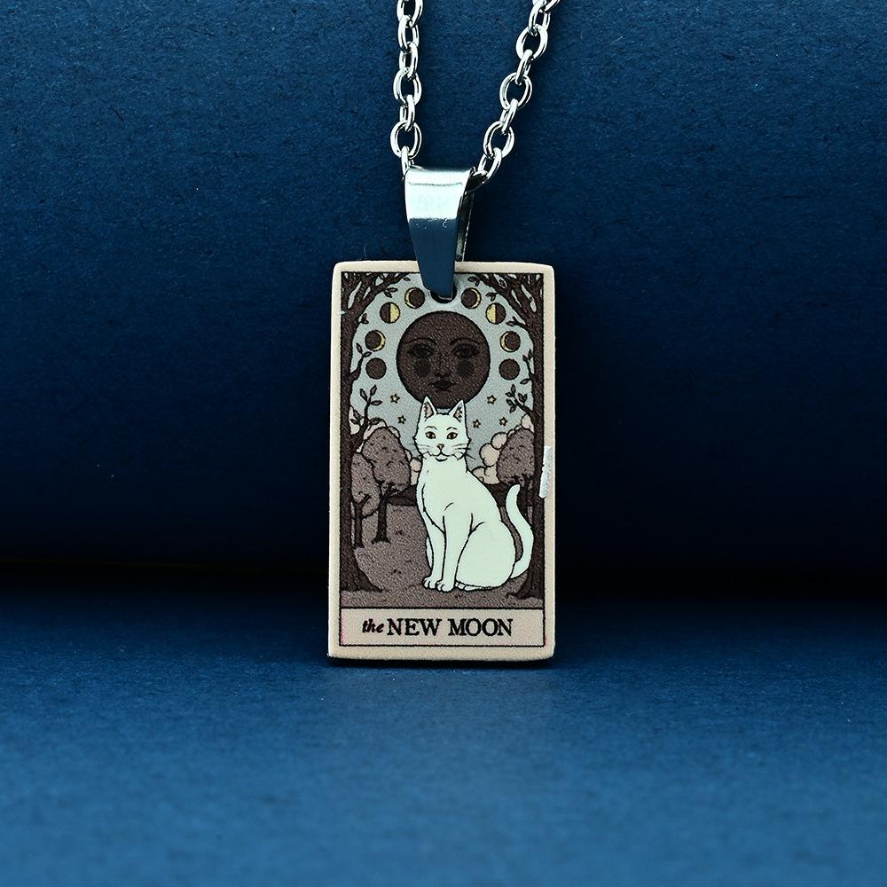 Stainless Steel Cat Tarot Card Necklace for Men Women Animal Divination Jewelry Accessory