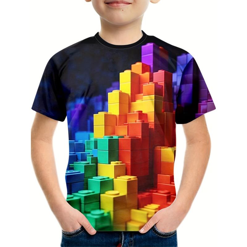Kids Clothes Boys T-Shirt Short Sleeve Child T-Shirt Fashion Building Blocks 3D Print Top Children Summer Clothes Girls Clothes