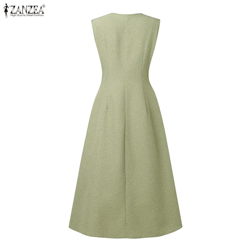 ZANZEA Rochie Casual de Vară cu Gât în V, Fără Mâneci pentru Femei