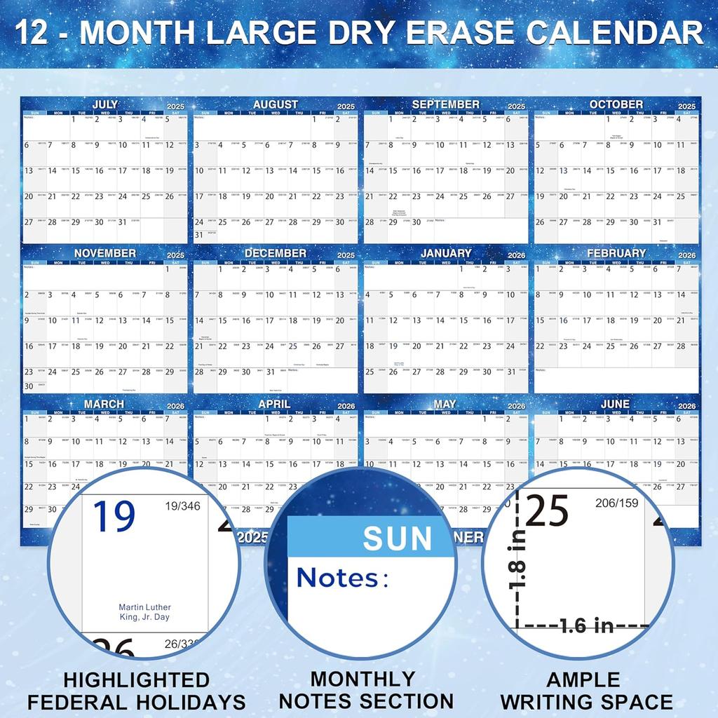 2025-2026 Wall Calendar- 32" X 48" Large Erasable Calendar Starry Sky, Wet & Dry Erase Large Laminated Annual Yearly Planner, 12 Month Wall Calendar