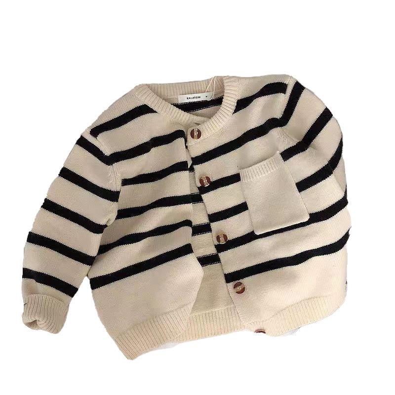 Korean Kids' Soft Striped Cardigan Sweater - Unisex, Spring & Autumn, Trendy Knitted Coat
