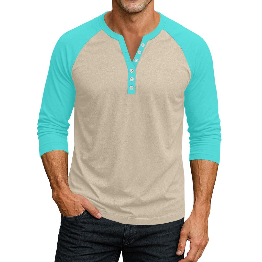 Men's Button-Down Contrast Raglan 3/4 Sleeve Top