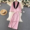 High-End Two-Piece Suit Women's Summer Style Contrast Color Suit Jacket High Waist Mid-Length Slit Skirt