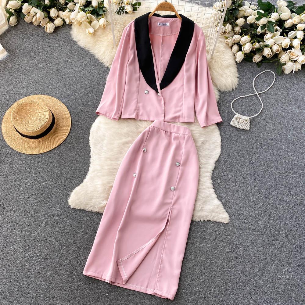 High-End Two-Piece Suit Women's Summer Style Contrast Color Suit Jacket High Waist Mid-Length Slit Skirt