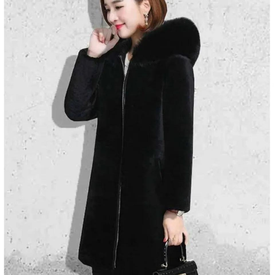 Giacca Invernale Nera con Cappuccio da Donna in Pelliccia Sintetica Cappotto Lungo Caldo Ispessito Antivento Capispalla da Neve Femminile