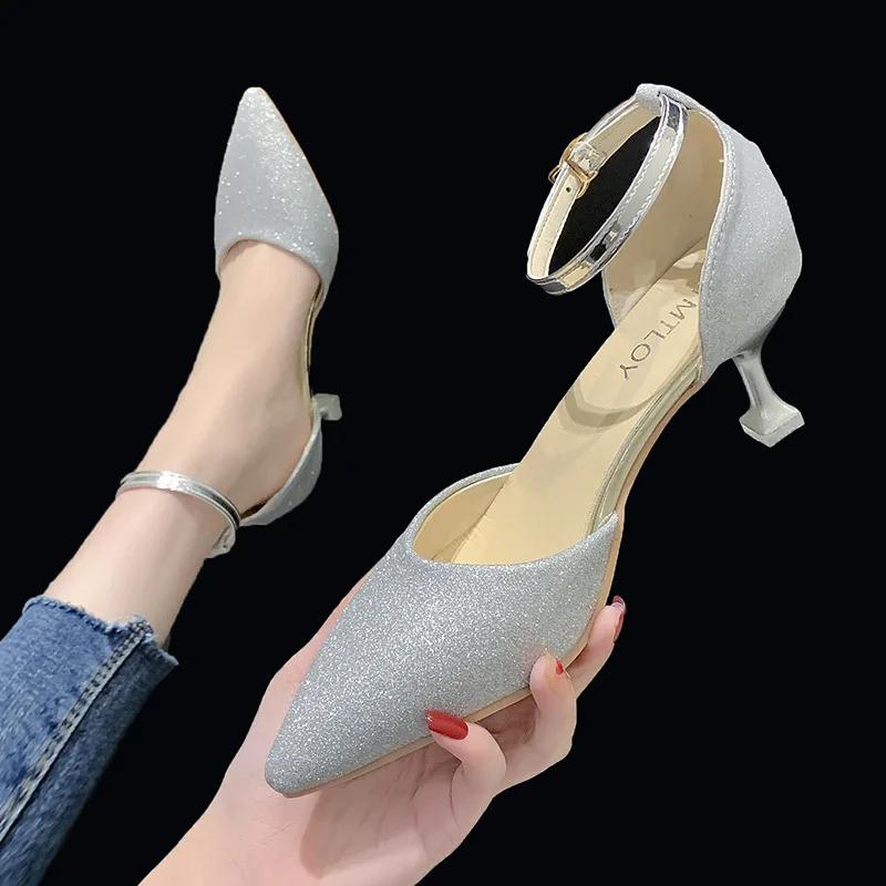 Fashion Women's Shoes, Summer Rhinestones, Closed Toe, Hollow Buckle, Stiletto High Heels, Sandals Large Size Pointed Toe 33-43