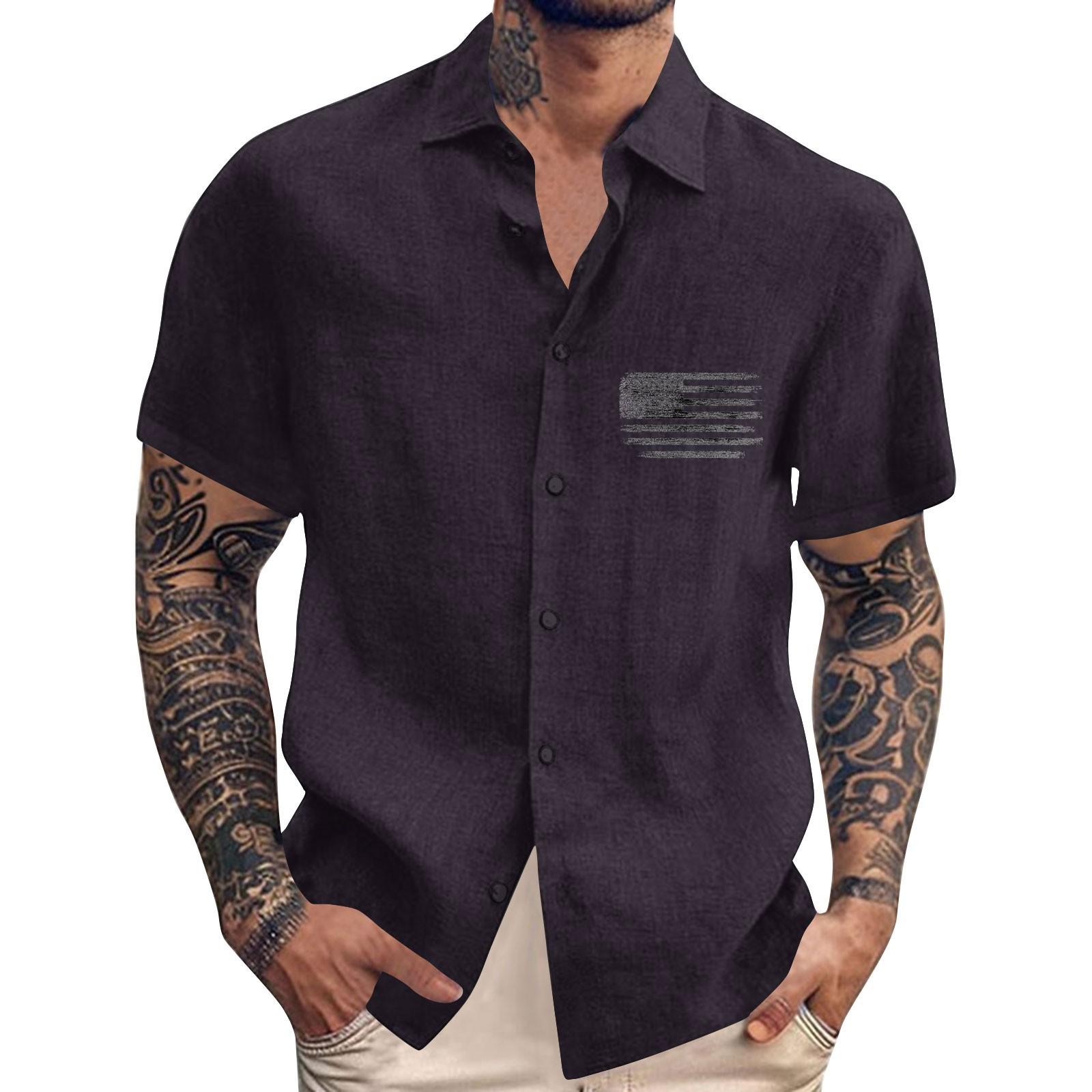 

Men S Casual Loose Short Sleeved Printed Shirt With Fashionable Lapel Top L чорний