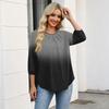 Women's Gradient Print 3/4 Sleeve Round Neck Pleated T-Shirt Top Casual Loose Fit Lightweight Blouse