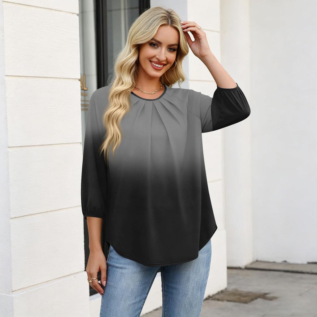 Women's Gradient Print 3/4 Sleeve Round Neck Pleated T-Shirt Top Casual Loose Fit Lightweight Blouse