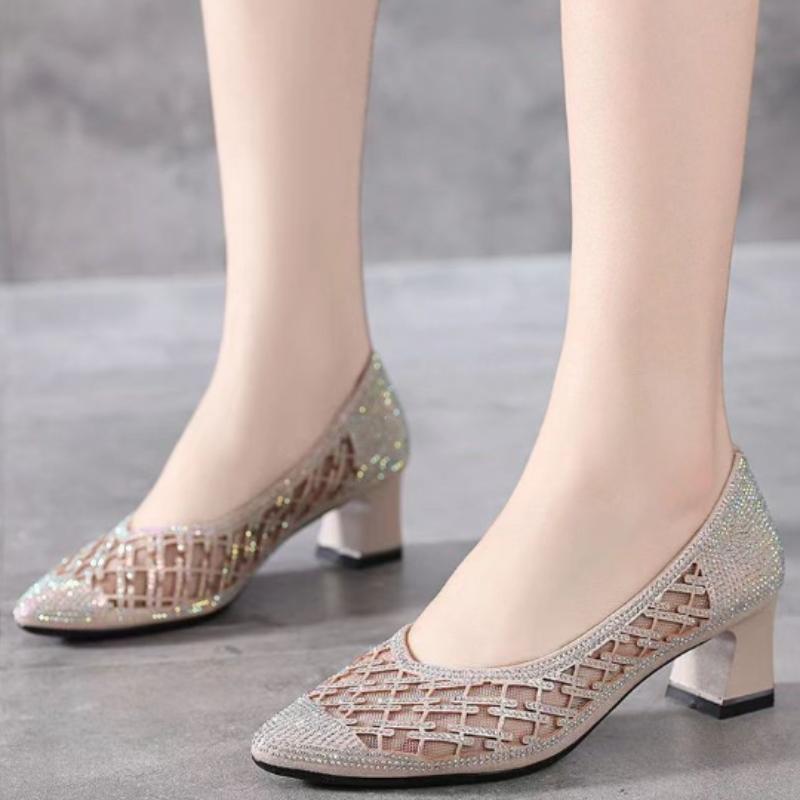 Breathable Rhinestone Cutout Mesh Shoes with Heels Summer 2025 Women's Round Head Soft Leather Sandals for Office Mom Wedding