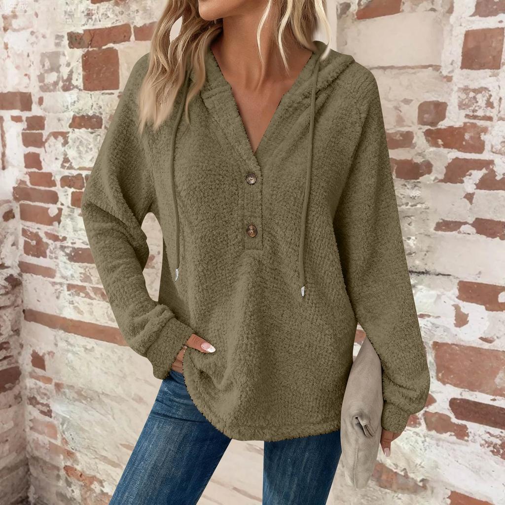 Women's Fashion Long-Sleeved Drawstring Button-Up V-Neck Casual Fleece-Lined Solid-Colour Hooded Sweatshirt Top