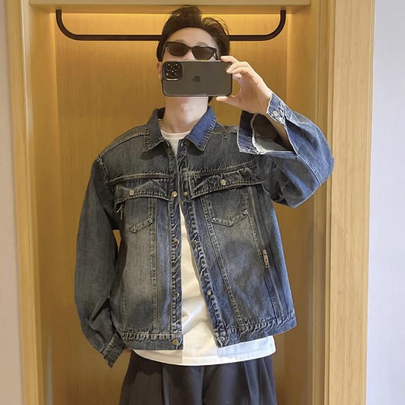 

Men s Retro Blue Denim Jacket - Autumn/Winter Casual, Versatile, Simple Washed Outerwear, Trendy Workwear Style. M синій