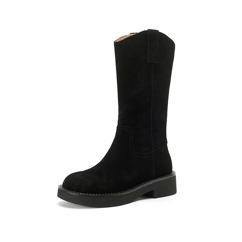 

Мода 2025 Новые женские сапоги до середины икры с круглым носком из коровьей замши на среднем каблуке, сапоги-рыцари, модные слипоны для вечеринок, женские туфли, современные сапоги 34