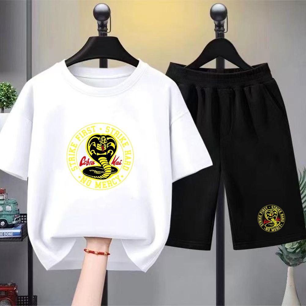Summer T-shirt+shorts Anime snake Print Boy Black Girl Sets Tshirt kids Tops Casual Tees round Neck short-sleeved top
