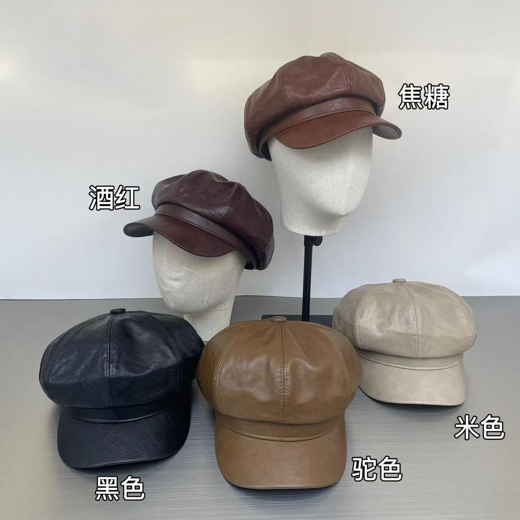 Ins Retro PU Leather Painter Hat Octagonal Hat Handsome Versatile Pumpkin Hat Solid Color Beret Hat