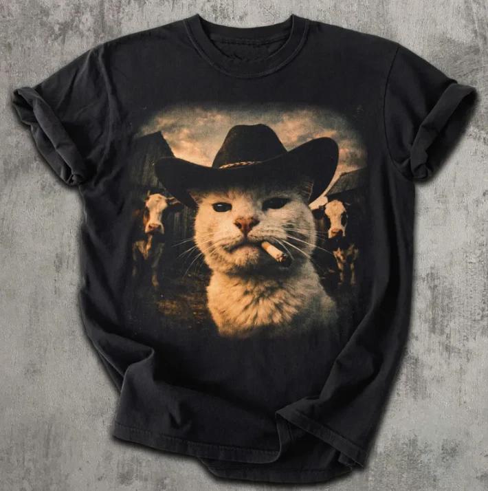 Funny Cowboy Cat T-Shirt, Meme Shirts, Cats Lover Gift XL