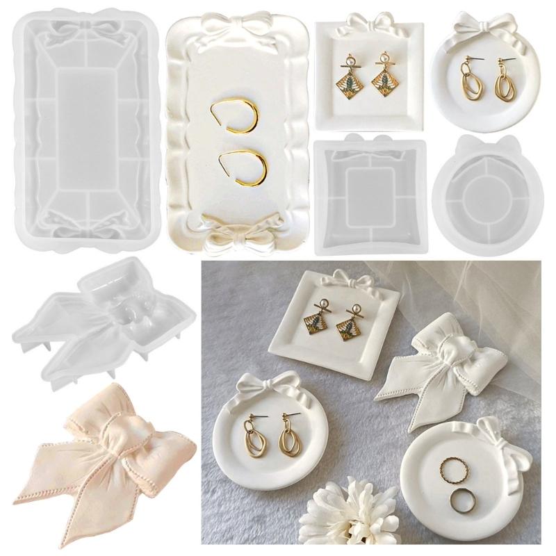 Bowknot Storage Tray Silicone Mold Jewelry Display Pan Epoxy Resin Molds Rectangle Candle Cup Coaster Gypsum Plsater DIY