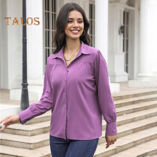 Women Shirt Lapel Puff Long Sleeve Solid Color Single-Breasted Shirt Tops Loose Fit Casual Tops Work Daily Wear