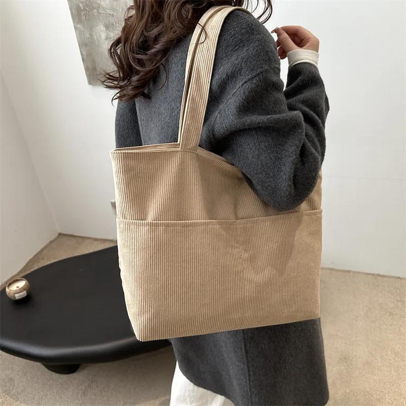 Simple Large Capacity Tote Women Shoulder Bag Retro Corduroy Ladies Shopping Commuter Underarm Bags Female Multi-pocket Handbags