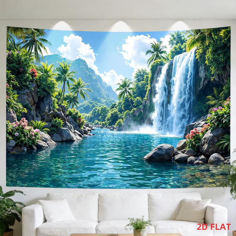 2D Summer Jungle Waterfall Banner, Tropical Lake Palm Tree Party Photo Booth Background