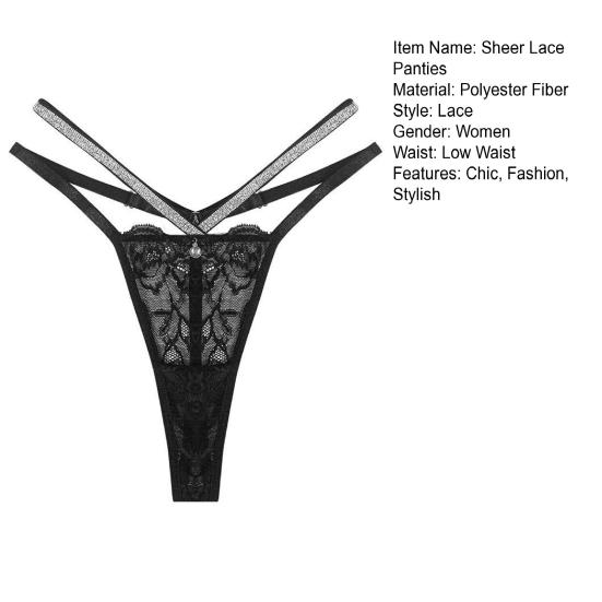 Women's Glitter Thong Sexy Floral Lace Sheer Strappy Underwear Rhinestone Strap G-String Stretch Panties