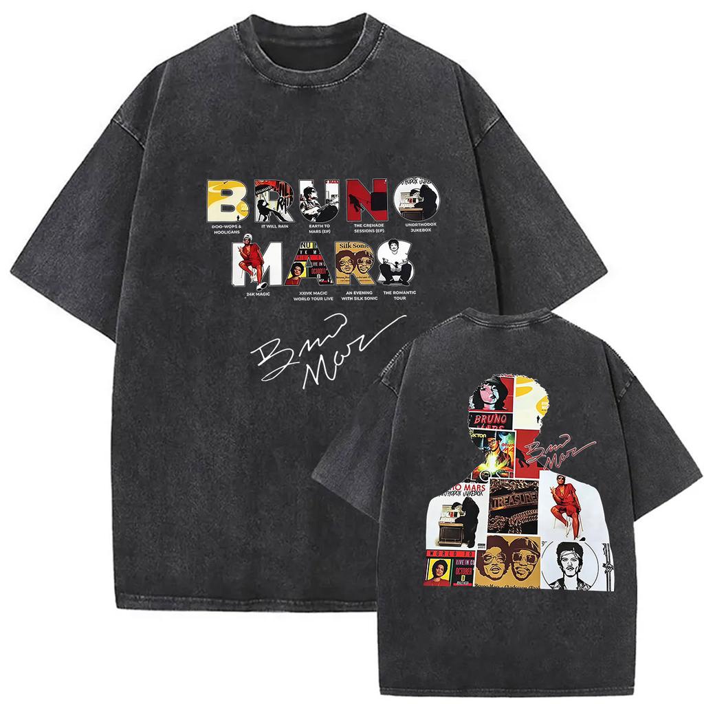 Vintage Washed Rapper Bruno Mars New Album Graphic T Shirts Mens Hip Hop Pop Loose Fashion Short Sleeve Tshirt Streetwear