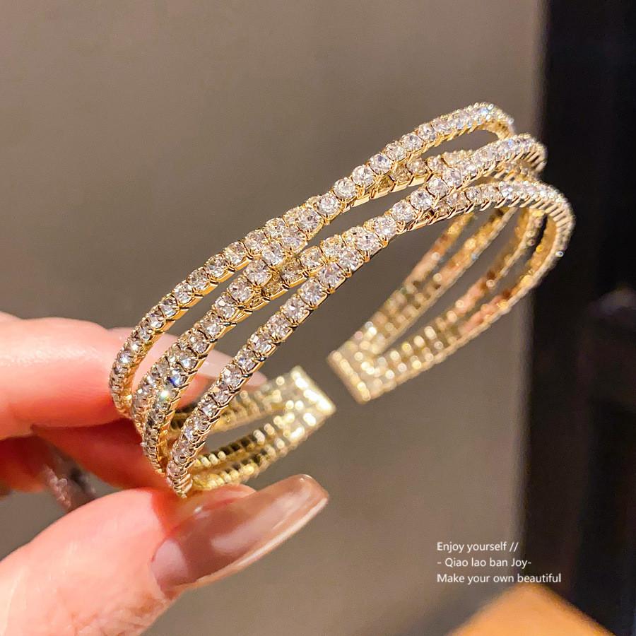 No Ip Geometric Multilayer Cross Opening Bracelet With Rhinestone Accents For Elegant Women
