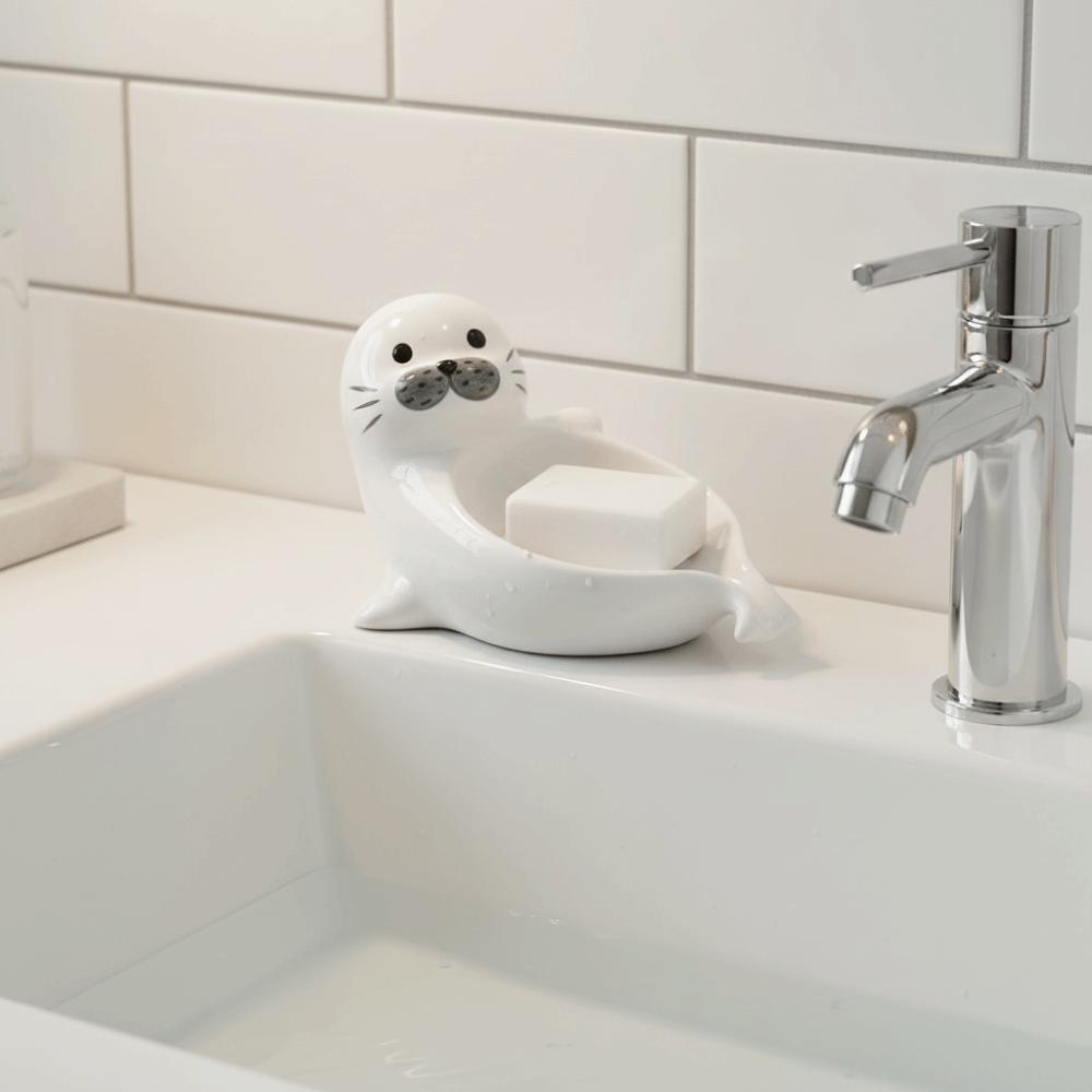 Cute Self Draining Soap Holder Drainable Bathroom Decor Organizer Sea Lion Soap Dish  Kitchen