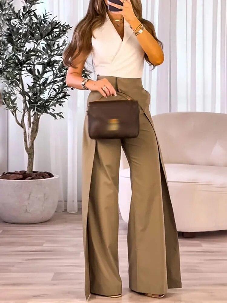 Fashion Two Piece Set Women Autumn Autumn Elegant Cropped Lapel Sleeveless Top Casual Loose Wide Leg Pants Suits High Streetwear