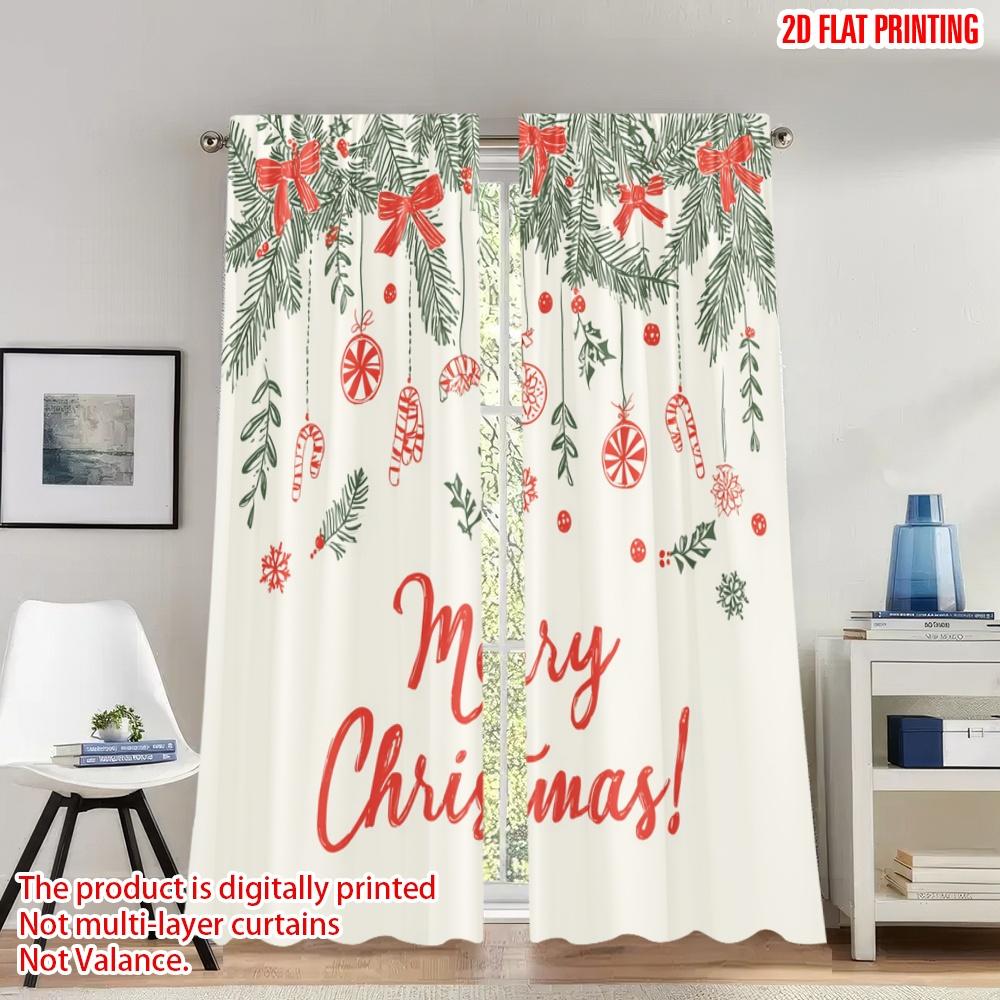 

2pcs 2D flat printing Christmas Party Curtains Christmas Ornament Candy Cane Holly Digital Printed Polyester Drapes Family Party 100*130 Rod Pocket 1pcs