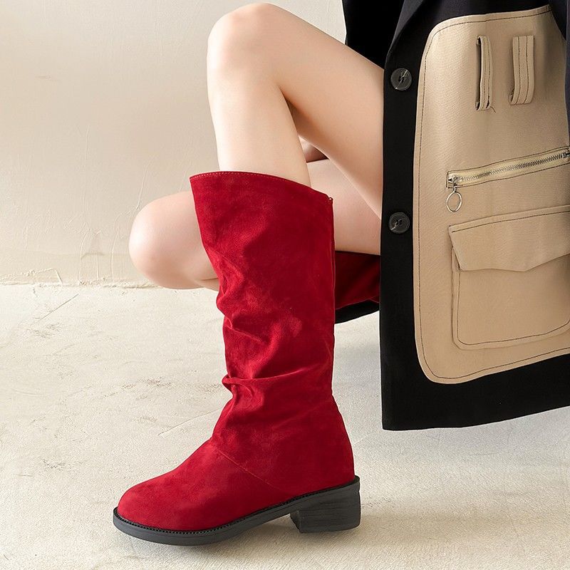 Boots Women 2025 New Fleece Inner Height Increase Medium Boots Knight Boots Frosted Sleeve Warm Student Red Boots