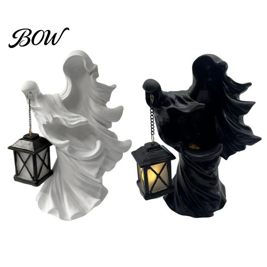 Resin Night Lights for Patio Halloween Ghost Messenger Figurine, Witch Statue with Lantern, Waterproof Indoor Outdoor Whimsical Party Decor