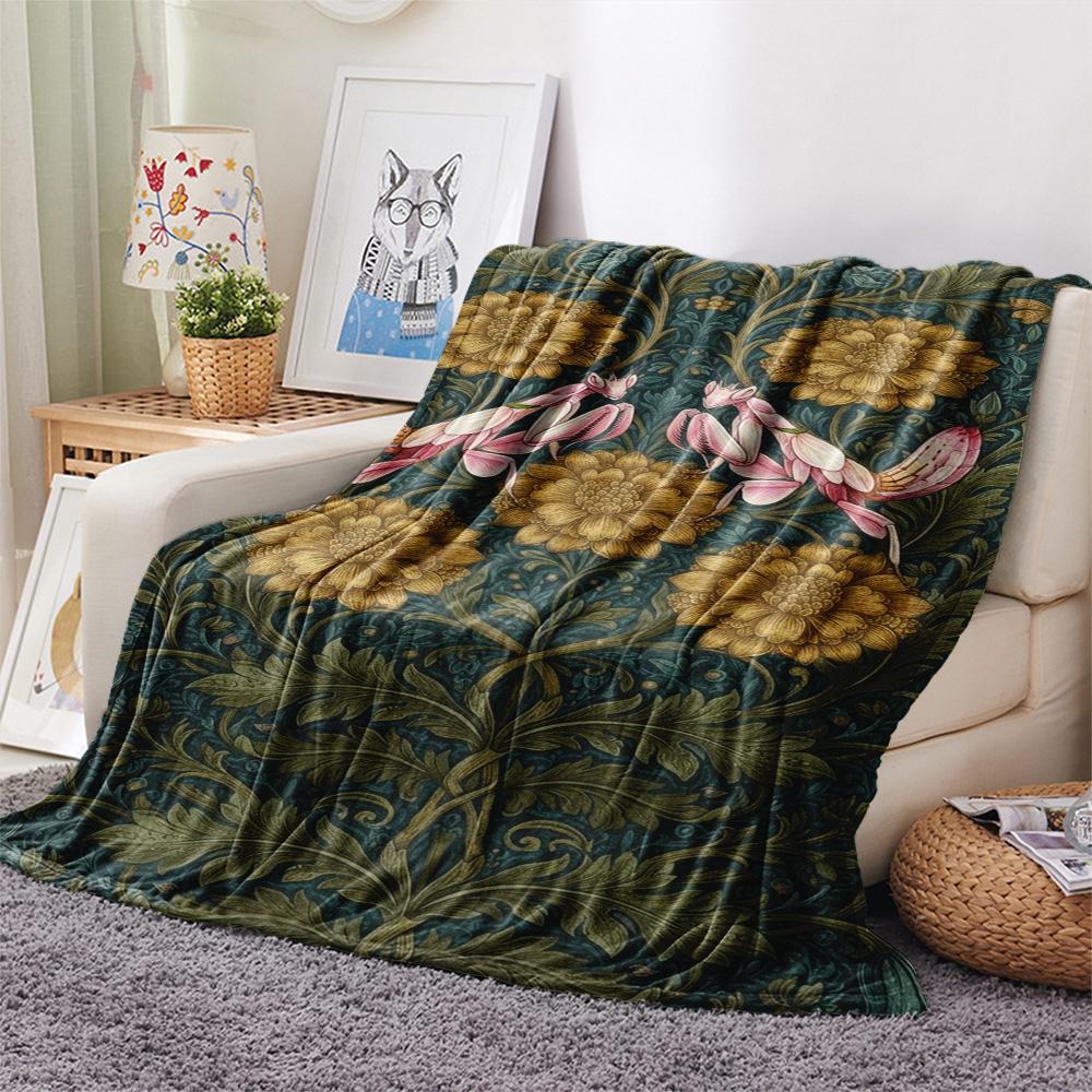 1PC Floral Animals Print FlAannel Blanket, High quality Comfortable for All Seasons, Home Decor, Warmth and Comfort